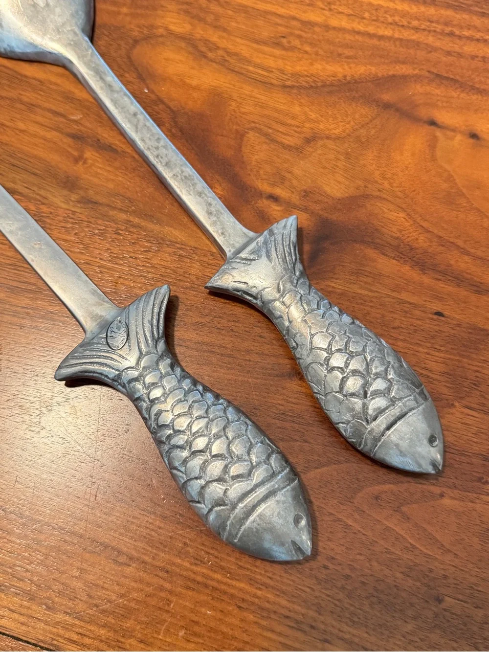 Vintage Fish Handle Aluminum Salad Serving Set in Silver